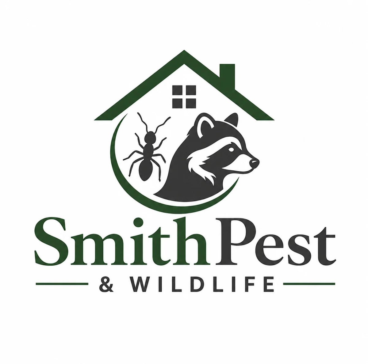 SmithPest & Wildlife logo featuring a green house roof with an ant and raccoon icon and company name